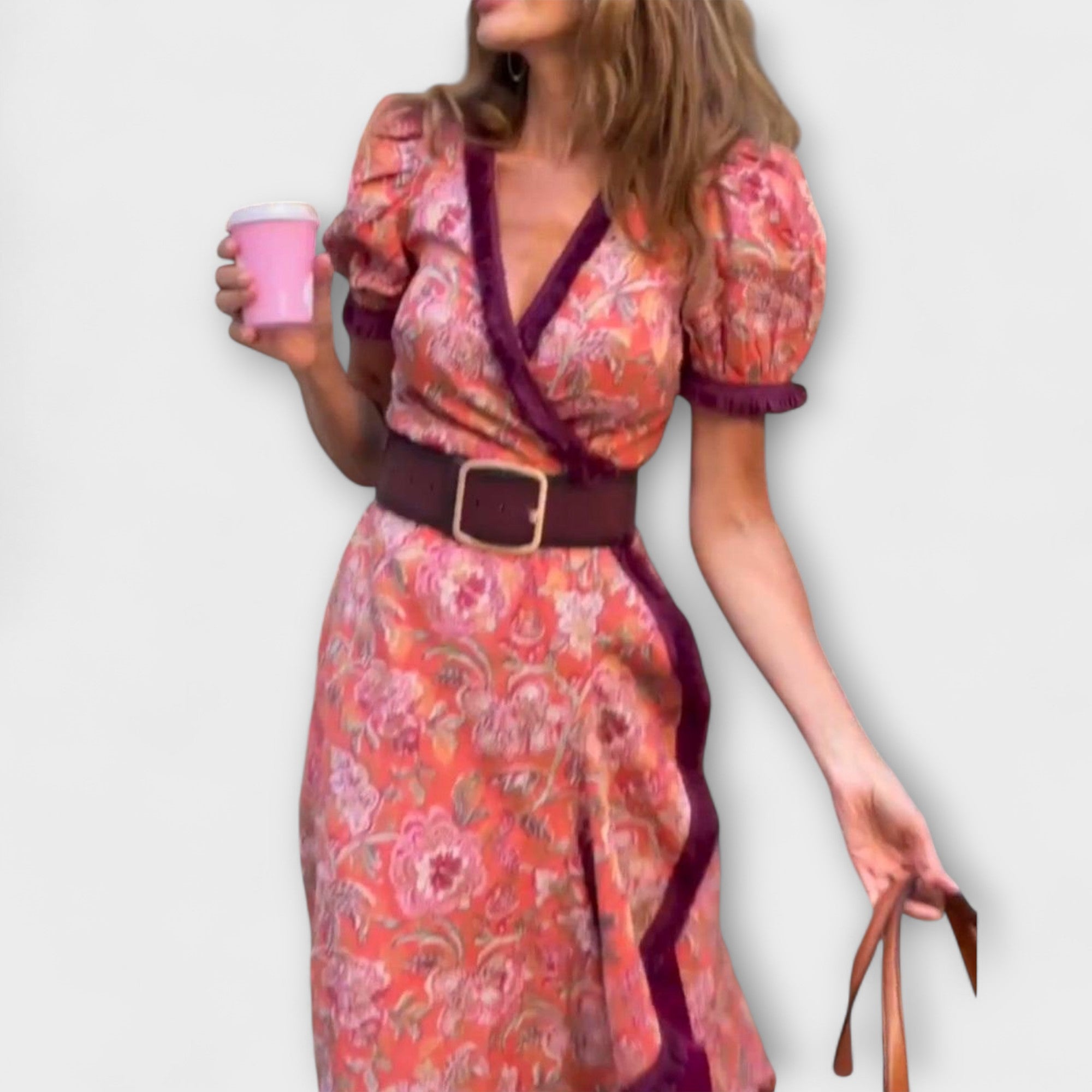 Elegante Roze Maxi Jurk met Korte Mouwen