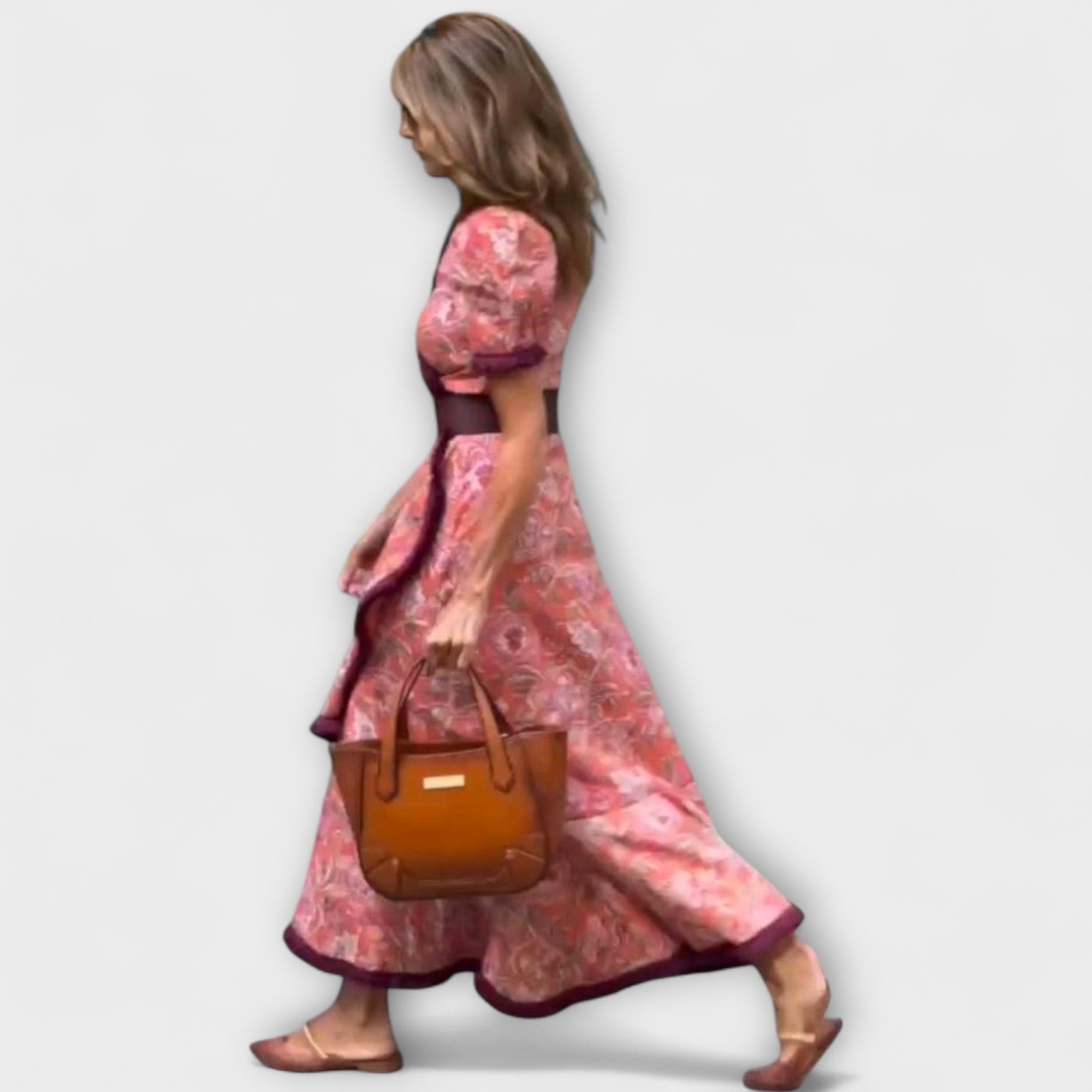 Elegante Roze Maxi Jurk met Korte Mouwen