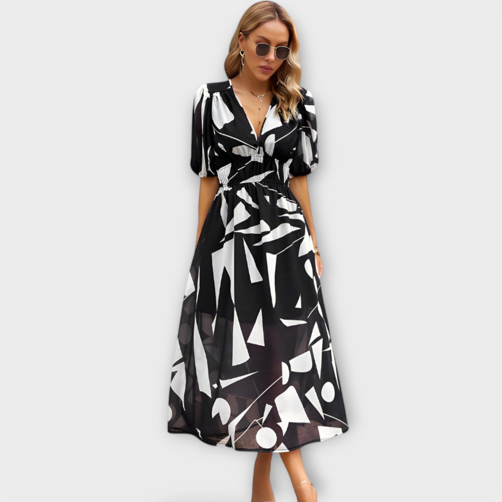 Abstracte puff sleeve maxi jurk