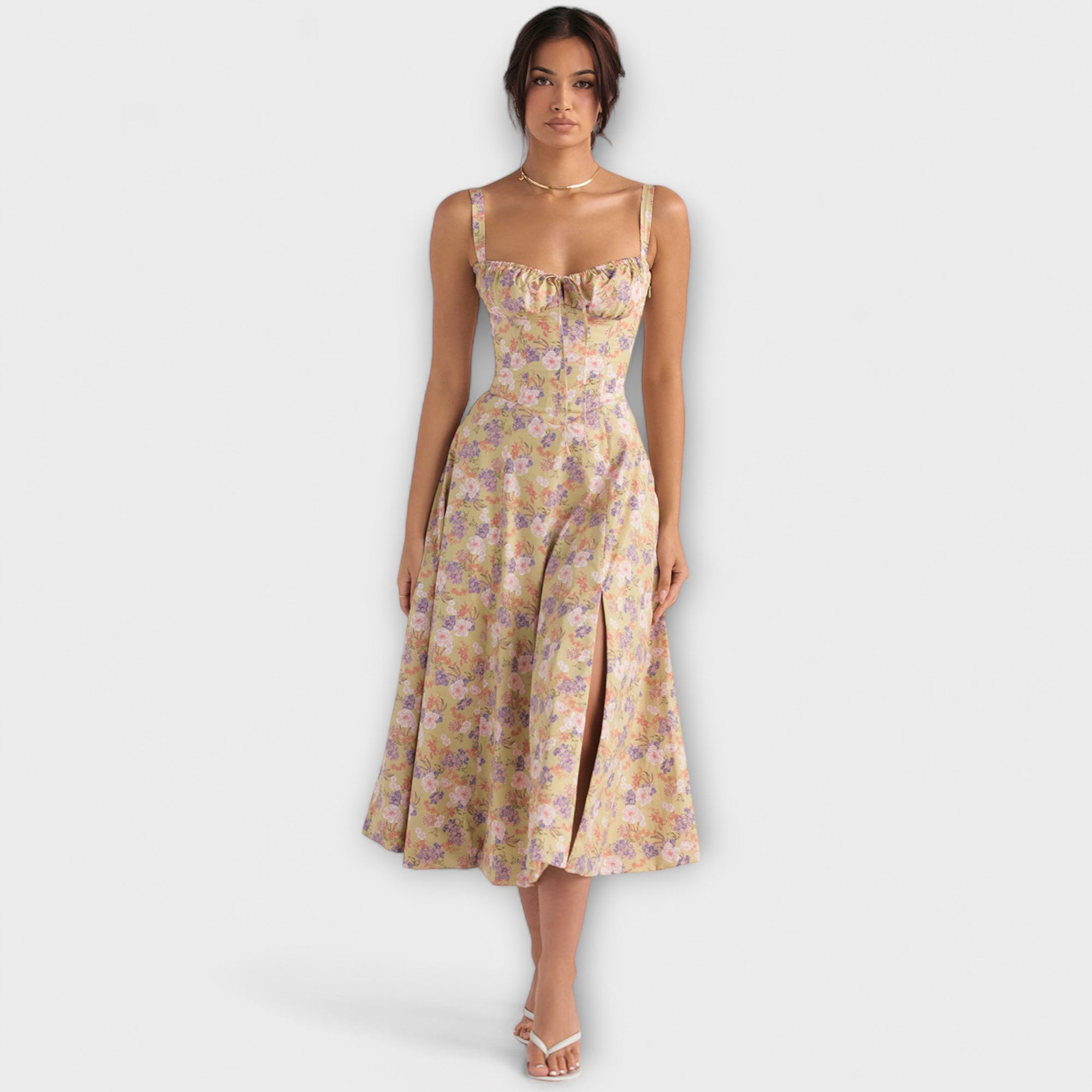 Zipporas - Strakke bustierjurk met een modern lentebloemenprint