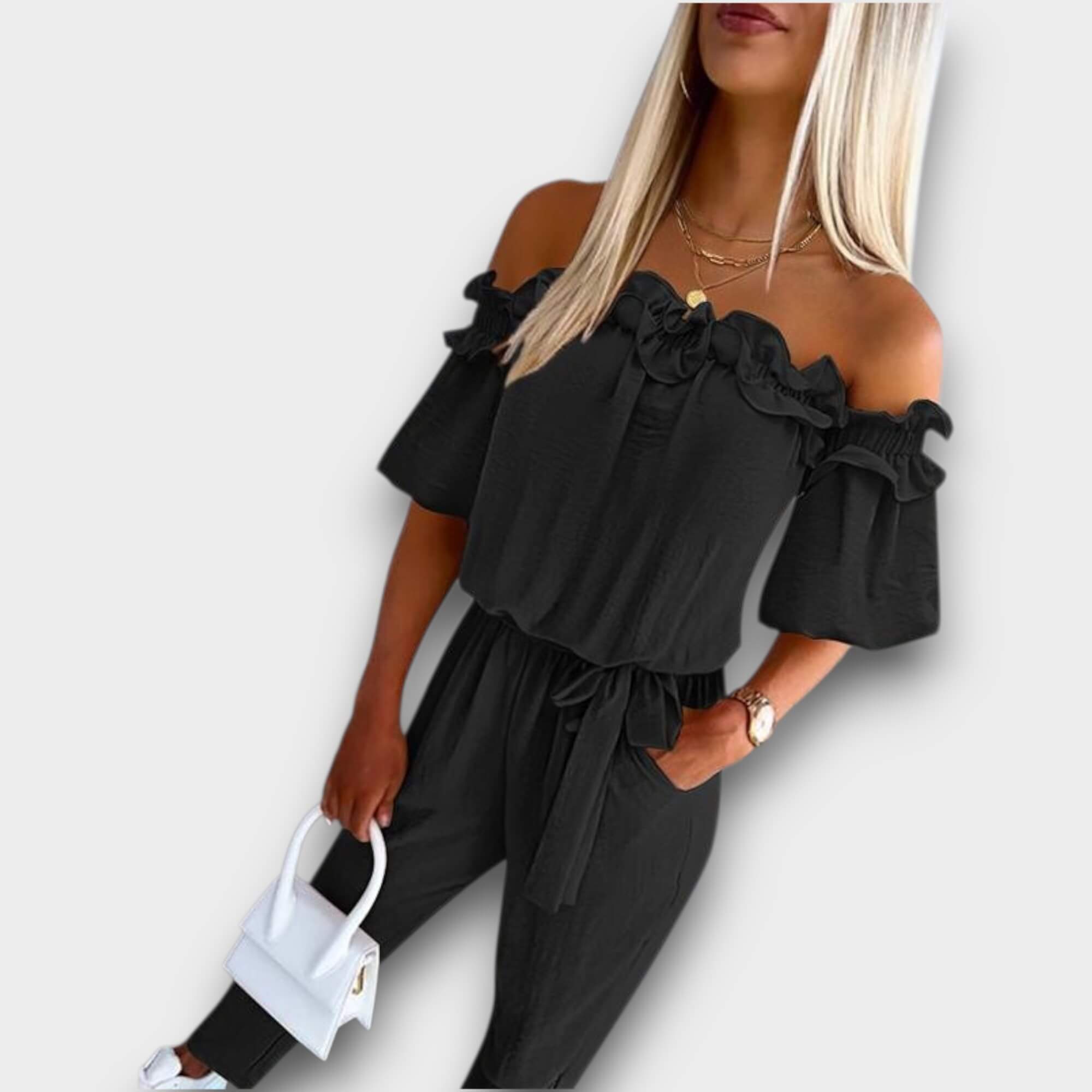 Aria – Off-Shoulder Frill Tie-Waist Jumpsuit
